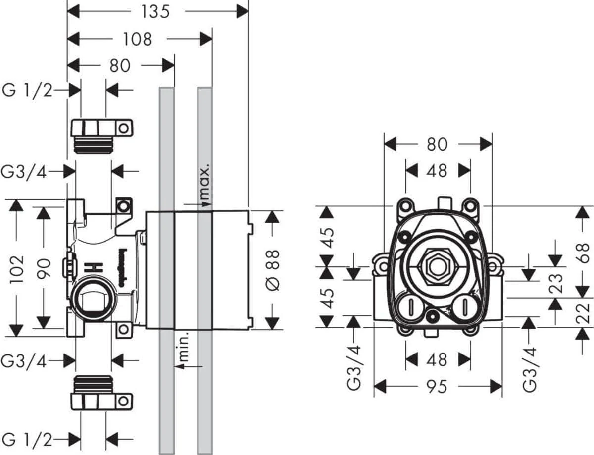 Corps d'encastrement thermostatique encastré 20 x 27, 12 x 12, STARCKSHOWER chromé réf. 10754180 AXOR - Image 2