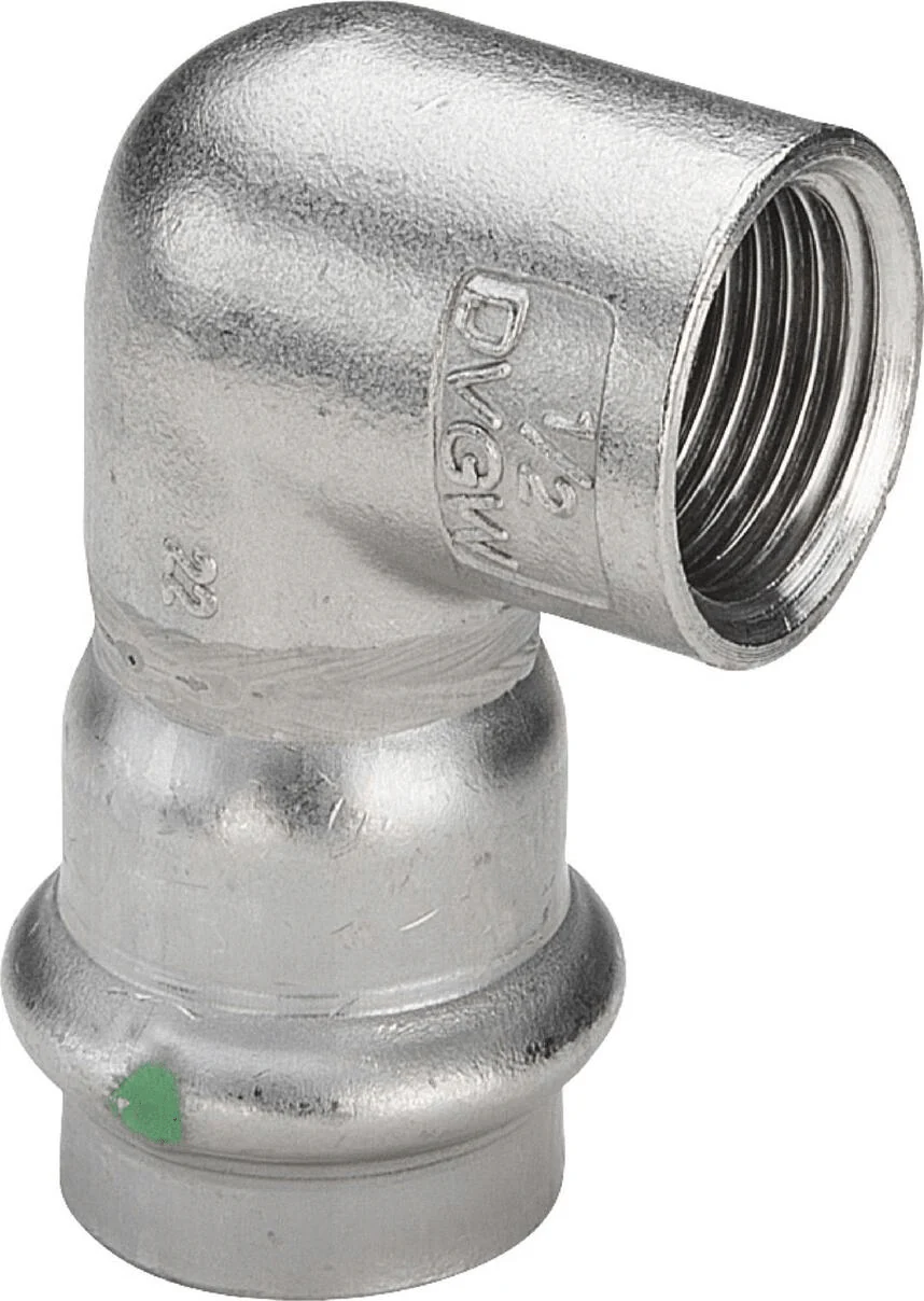 Raccord inox coudé 90° FF D18 x 1/2  Viega Sanpress - Réf. 436995