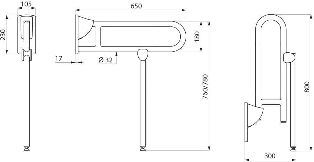 Barre relevable avec béquille D 32 L 650 inox poli brillant réf. 510162P DELABIE - Image 4