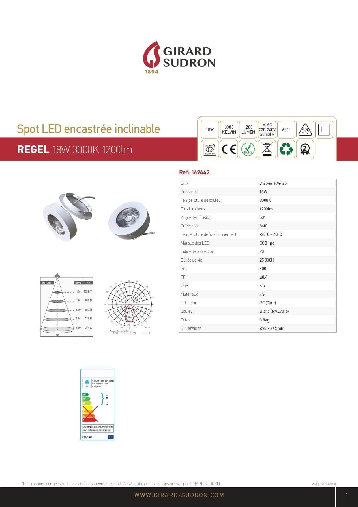 Spot LED encastrée inclinable 50° Regel - 18W 3000K 1200lm - Image 2