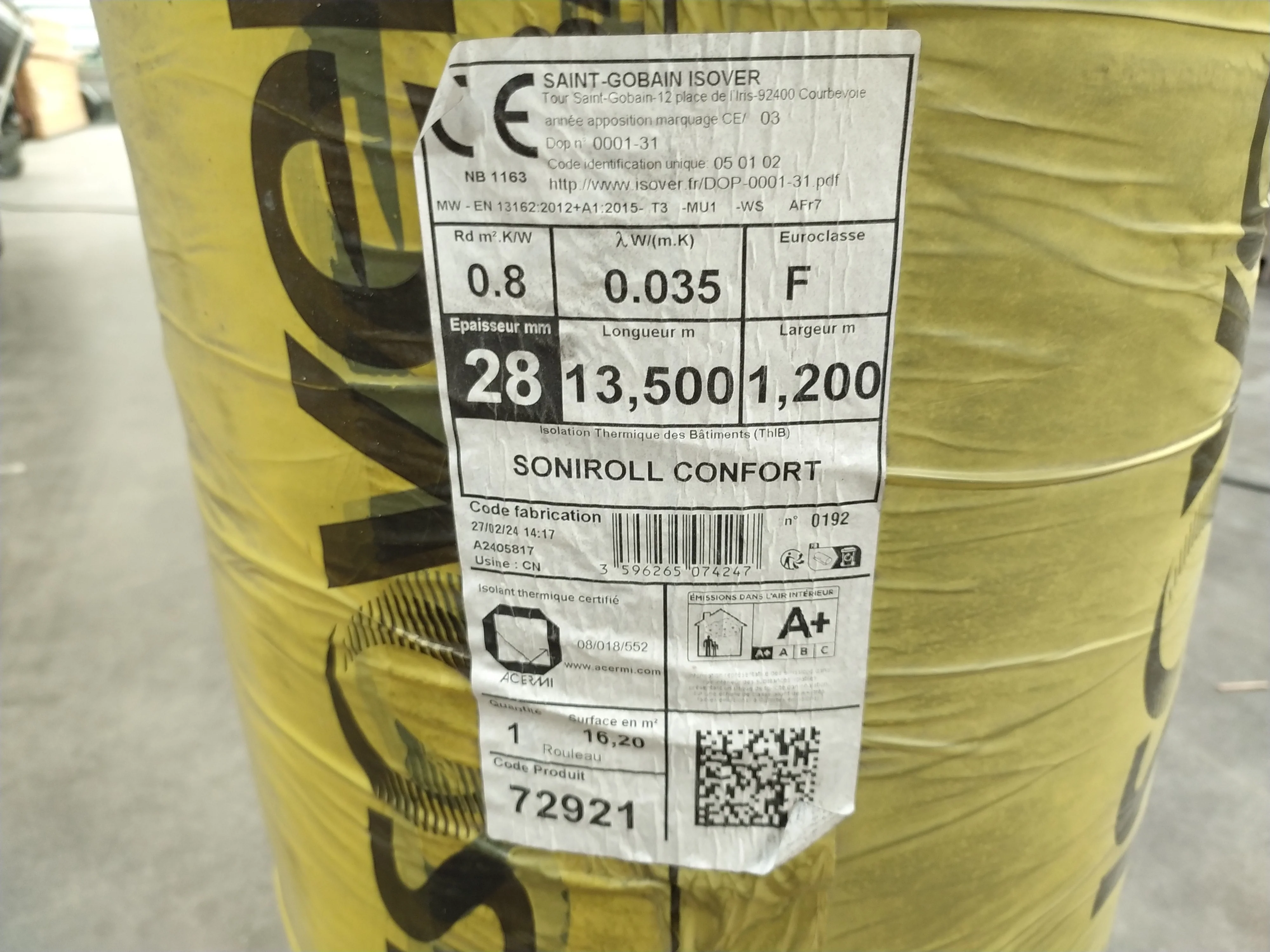 Laine de verre SONIROLL 0,8 - 13500x1200 - EP=28mm - R=0.8 - Image 2