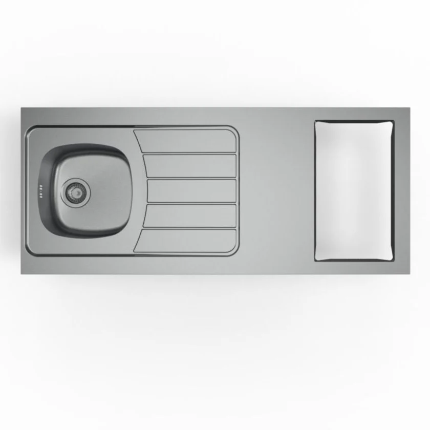 Evier cuisinette ISEO 1 cuve soudée, en inox TOILE, découpe pour domino, bonde à panier chromé Ø90mm, vidage manuel complet avec raccord lave-vaisselle et siphon fournis réf : CPBD140G30 MODERNA