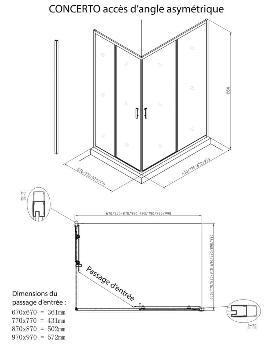 Paroi de douche Alterna Concerto accès en angle un côté réversible longueur 70 cm profilé blanc verre transparent ALTERNA - Image 10