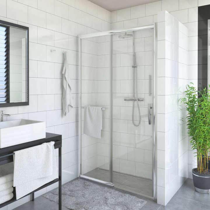 Porte de douche coulissante grande largeur 2 éléments sans seuil (1 coulissant et 1 fixe à gauche), EQUI, largeur 1200 mm, hauteur 2000 mm, profilé argent poli, verre Clair traité Anticalcaire Réf. EID2L12020VPE ROTH
