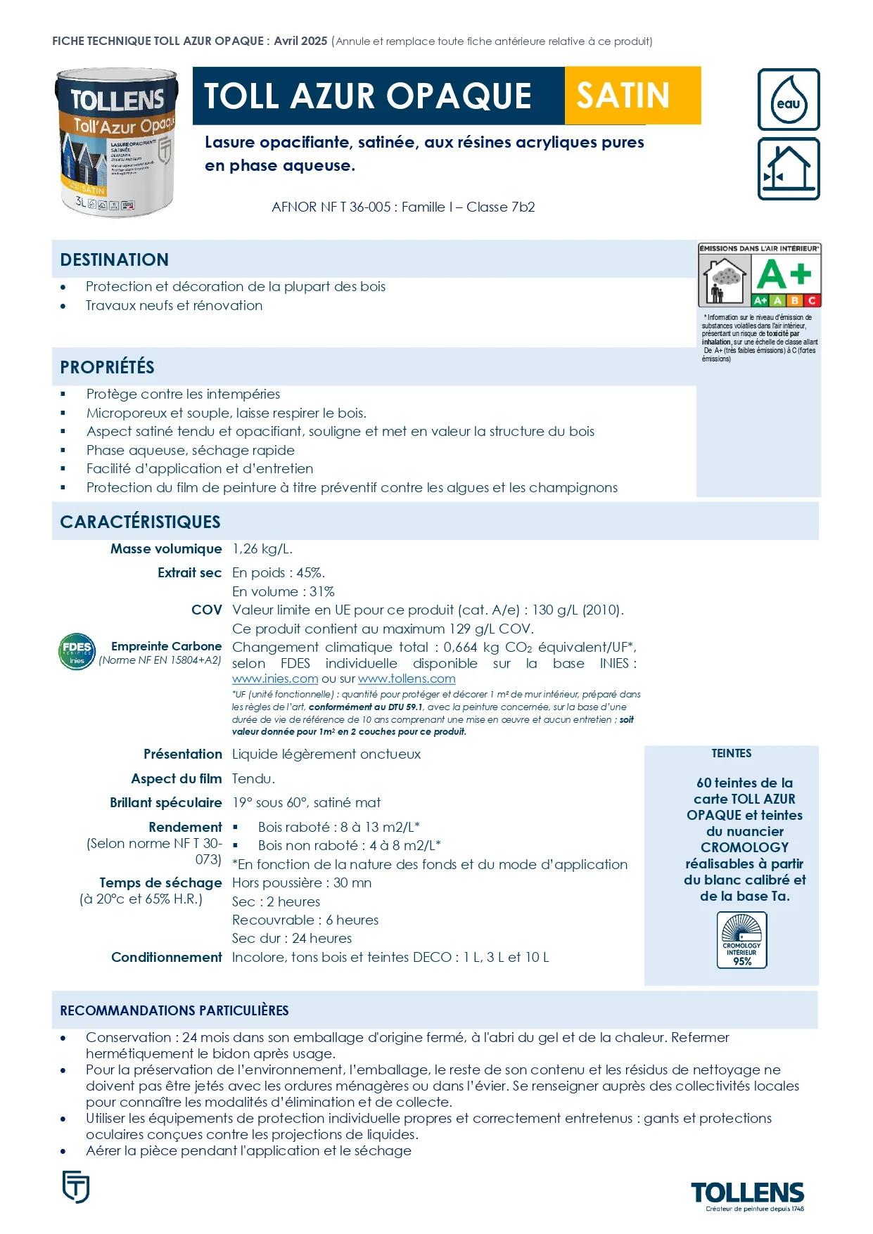 Lasure Tollens Azur Opaque Blanc 3 Litres - Image 2
